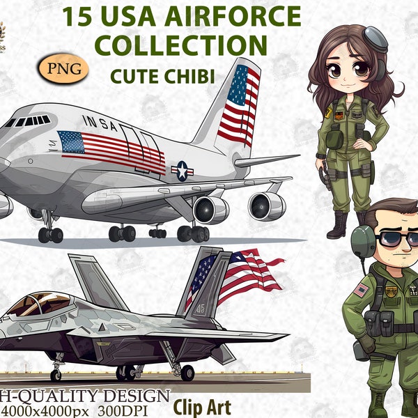 Us Air Force Clipart, Chibi Airforce US flag, USA fighter Plane, Illustration Airforce pilot Girl Boy, Fighter Plane Digital  PNG File_AC52