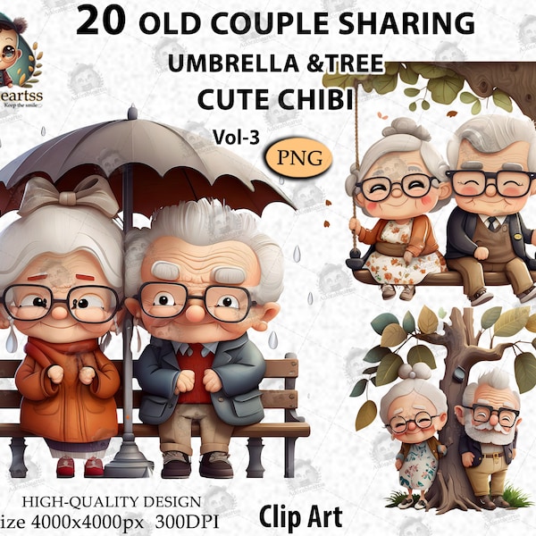 Cute Old Happy Couple Cute chibi, Valentines Day, Romantic Grandpa and Grandma,Love  Sharing Couple Clipart, Digital PNG File Vol 3,AC33