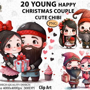 Paar Clipart Jung, niedlich glücklich Weihnachten Kleid Paar Chibi, Valentinstag, romantisch, Seele Schönes Paar Clipart, PNG, Digital PNG _AC36