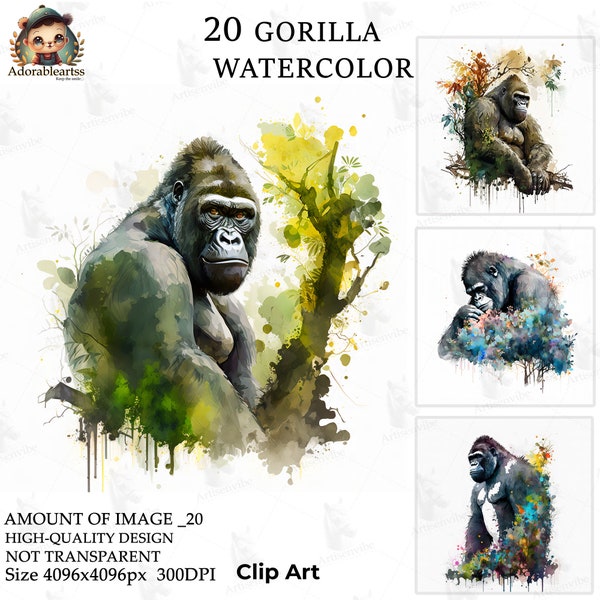 Gorilla Watercolor Clipart, Nursery Book Art, Paper Craft, 20 High Quality, Commercial Use, Card Making, Instant Digital JPG's Download_25AV