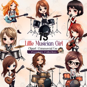 Pacchetto di clipart di ragazze musicista: grafica PNG ad acquerello (download digitale)