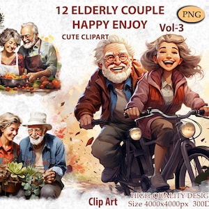 Pareja de ancianos felices, cliparts de pareja de San Valentín, pareja haciendo jardinería, día de San Valentín, abuelo y abuela románticos, PNG digital Vol-3, AC108