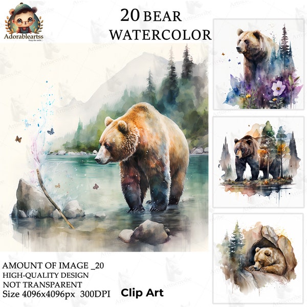 Bear Watercolor Clipart, Nursery Book Art, Paper Craft, 20 High Quality, Commercial Use, Card Making, Instant Digital JPG's Download_18AV