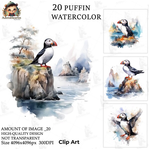 Puffin Watercolor Clipart, Scenery, Paper Craft, 20 High Quality, Bird Clipart, Commercial Use, Greeting Card, Digital JPG's Download_173AV