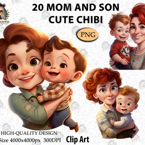 Mamá e hijos, adorable y linda hija Chibi Clipart, imágenes prediseñadas del día de la madre, mamá y niño, imágenes prediseñadas de aspecto familiar, mamá e hijo, PNG digital _AC22