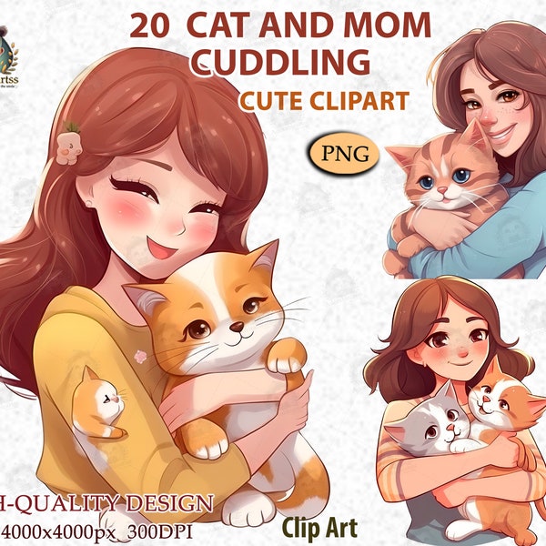 Cat And Mom Cuddling, Clipart Chibi, Baby Kitten, Hugs Kitten, Snuggle with Mommy, Cute Kitten, Love and Cat Mom, PNG Digital File_AC79