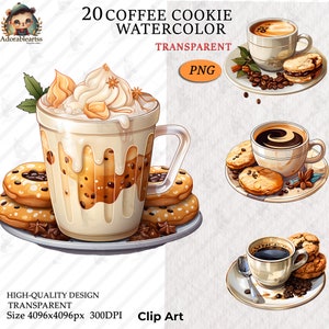 Caffè con biscotto Clipart ad acquerello, tazza di caffè, biscotto dolce, biscotto al cioccolato, chicchi di caffè, 20 clipart PNG trasparenti _160AV