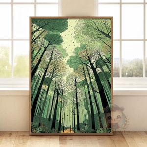 Forest canopy illustration | tall trees perspective | green woodland scene | home decor | poster