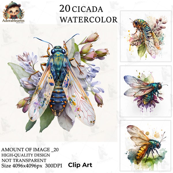 Cicada Watercolor Clipart, Nursery Art, Forest Bug, Paper Craft, 20 High Quality, Commercial Use, Card Making, Digital JPG's Download_85AV