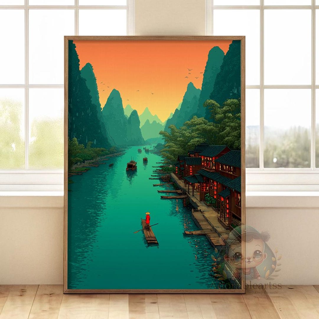 Li River Bamboo Raft Map Li River Bamboo Raft Illustration | Oriental Landscape Art Style ...