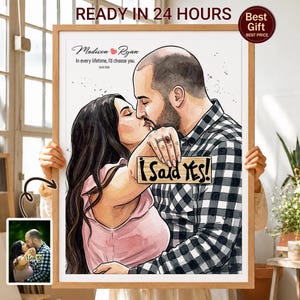 Könnte beinhalten: Ein gerahmtes Aquarell-Porträt eines küssenden Paares, bei dem die Frau ein Schild mit der Aufschrift I Said YES! hält. Der Text Madison and Ryan, In every lifetime, I'd choose you, und 26.02.2026 ist über dem Paar abgebildet.