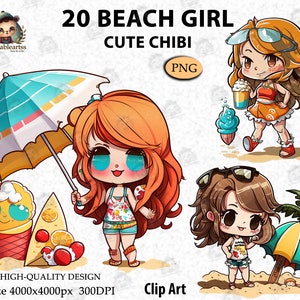 Clipart de garota de praia, clipart de verão, clipart de amigo, clipart Chibi, garotas de verão png, garota tropical de praia png ideias para presentes, arquivo PNG_AC41