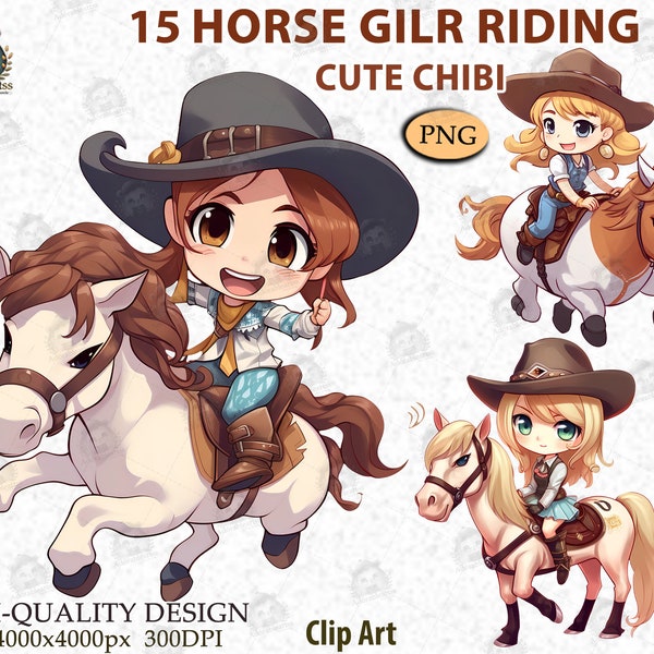 Horse Riding Girl, Chibi Clipart, Nursery Art, Decor Wall, Chibi Cute Girl And Horse Riding Clipart High Qaulity INSTANT DOWNLOAD PNG _AC71