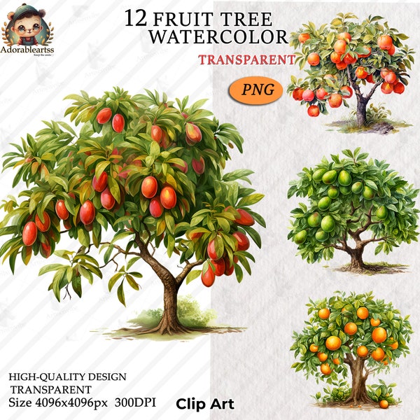 Fruit Trees Watercolor Clipart, Mango Tree, Peach tree, Watercolor Food, PNG, Scrap Book Design, 20 Transparent PNG Clipart _164AV