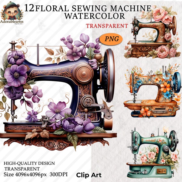 Floral Sewing Machine Watercolor, Sewing Clipart, Flower Sewing Clipart, 12 High Quality, Sewing Sticker, Instant Digital JPG Download_162AV