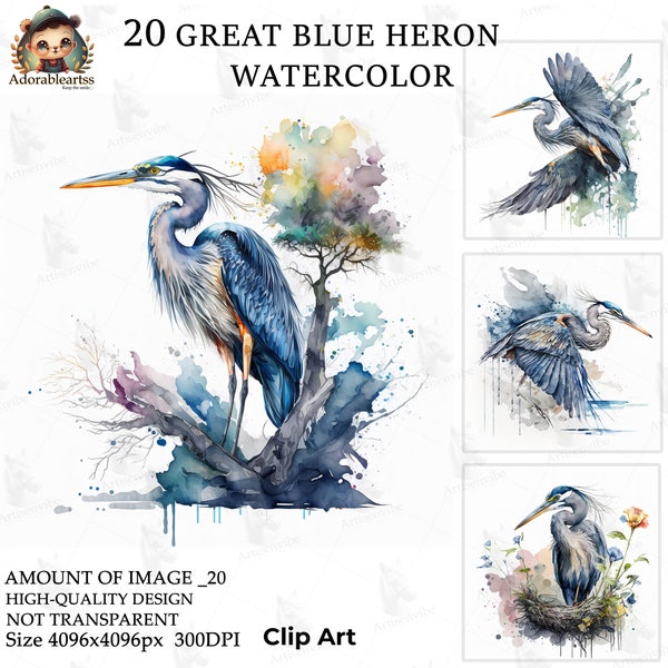 Great Blue Heron Watercolor Clipart, Nursery Book, Paper Craft, 20 High Quality, Commercial Use, Card Making, Digital JPG's Download_82AV