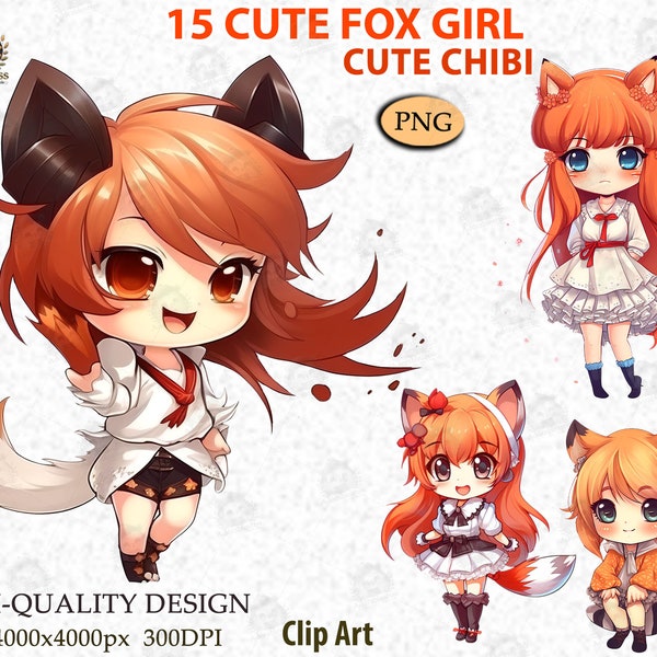 Little Fox Cute Girl, Chibi Clipart, Little Fox Girl in Dress, Happy Red Fox Girl for Nursery, Clipart Commercial Gift Ideas, PNG File_AC115