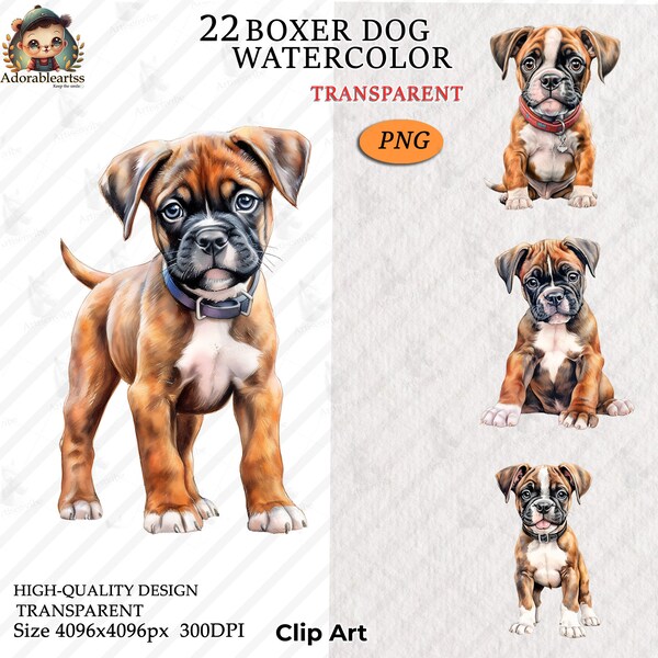 Boxer Dog Clip art Watercolor, Dog Breeds Pet Clipart Puppies on shirt Dog, Nursery Book Art, High Quality 20 Transparent PNG Clipart_154AV