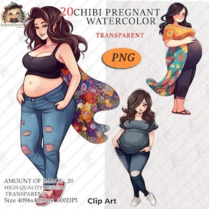 Chibi Kobiety w Ciąży Clipart, Boho Kobiety, Letnia Tkanina, Dziewczyna Mody, Puszysta Akwarela, Natychmiastowe Pobieranie Cyfrowego Pliku PNG, Vol3 AC88