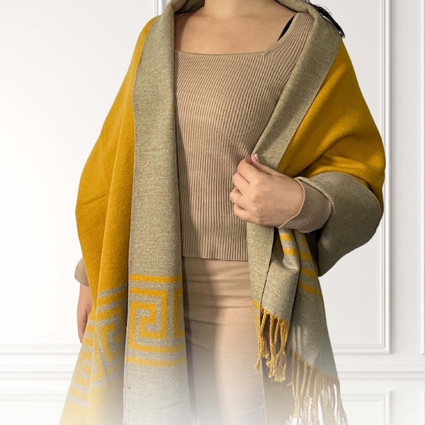 Weicher Pashmina Schal, Wendeschal Senfgelb Grau, Große Stola, 100% kratzfrei aus Alpakawolle & Baumwolle, Unisex Design für Damen / Herren