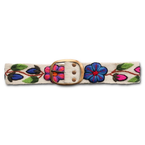 Ceinture brodée, Ceinture femme Boho blanche, Ceinture péruvienne avec broderie de fleurs colorées, Ceinture tissée à la main en laine de mouton