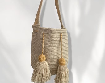 Beige Wayuu Tasche, Gehäkelte Wayuu Mochila, Handgefertigte Kolumbianische Handtasche, Beuteltasche aus Baumwolle