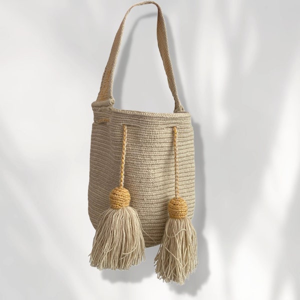 Beige Wayuu Tasche, Gehäkelte Wayuu Mochila, Handgefertigte Kolumbianische Handtasche, Beuteltasche aus Baumwolle