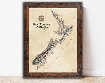 Hand-drawn New Zealand Map / Tolkien inspired / Fantasy style