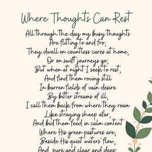 Puede incluir: Un poema titulado "Where Thoughts Can Rest" de Annie Johnson Flint. El poema está impreso en fuente cursiva negra sobre un fondo crema con un diseño floral en el lado derecho de la página.