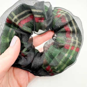 Plaid Hair Scrunchie Double Layered Organza Red, Black, Green