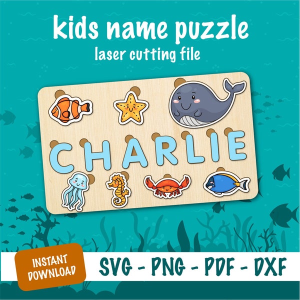 Name Puzzle SVG File- Perfect for Glowforge - SVG Digital Download - sea animal svg - laser cut file - dxf - png - montessori toys