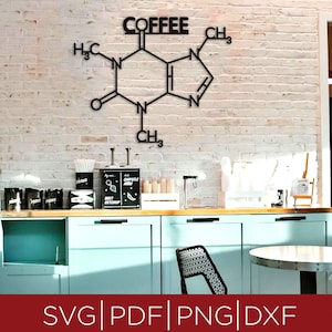 Fórmula de molécula de café Archivo de corte láser - Archivo Svg - Decoración de pared - Decoración de cocina - Decoración de café - Arte de pared de café - Archivo de corte láser - Dxf - Png