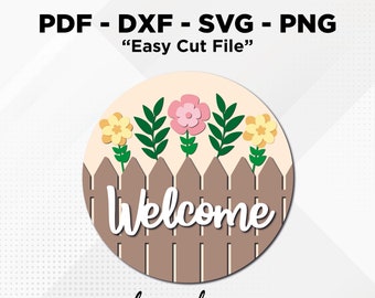 Signo de madera redondo de flores de bienvenida, colgador de puerta redondo svg, archivo Glowforge, Cricut, decoración de puerta de primavera, cartel de bienvenida floral, cartel de madera Svg