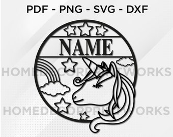 May include: A black and white digital design of a unicorn head with a rainbow, stars, and clouds. The design is in a circle with the word "NAME" at the top. The text "home decor PRINTWORKS BEST QUALITY LASER CUT FILE SHOP" is at the bottom.