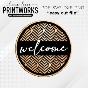 Witamy Geometryczny znak powitalny, Pobieranie cyfrowe, Okrągły wieszak na drzwi svg, Plik wycinany laserowo Glowforge, Nowoczesny wzór znaku, Dekoracja drzwi w stylu wiejskim