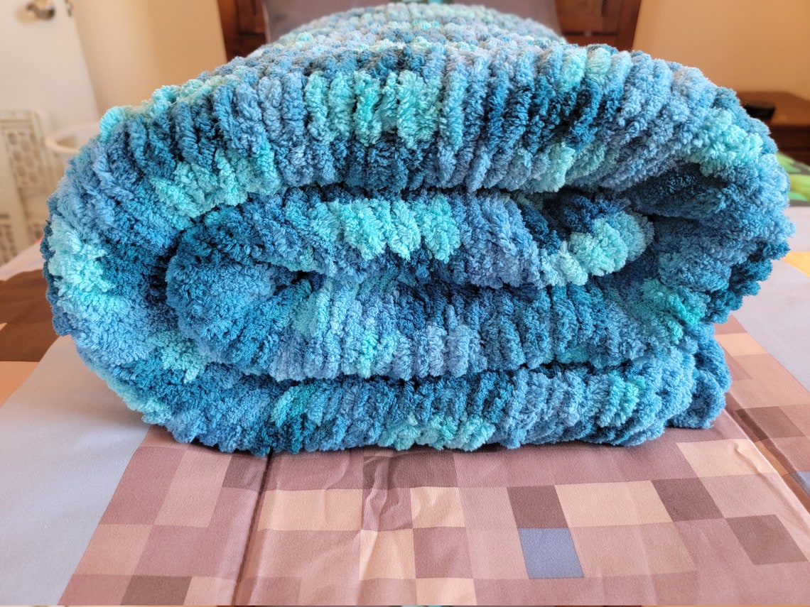 Handmade Super Soft Chenille Blanket Seaport blue, Teal, Green 84 X 56