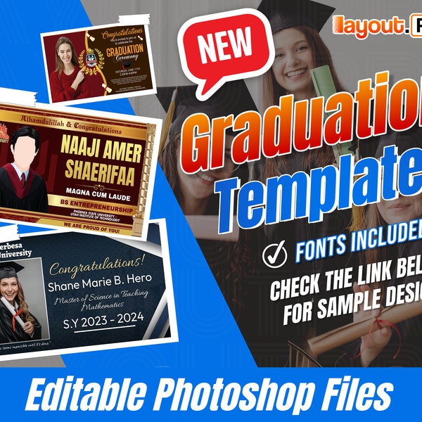 Editable Graduation Tarpaulin templates, premium psd files, graduation banner PSD Instant Download