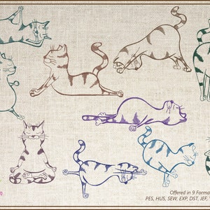 May include: An illustration featuring various yoga poses performed by cartoon cats. The cats are depicted in different colors, including brown, green, and blue, with striped patterns. The image includes the text "Carrie Ellen Designs" and "Offered in 9 Formats".
