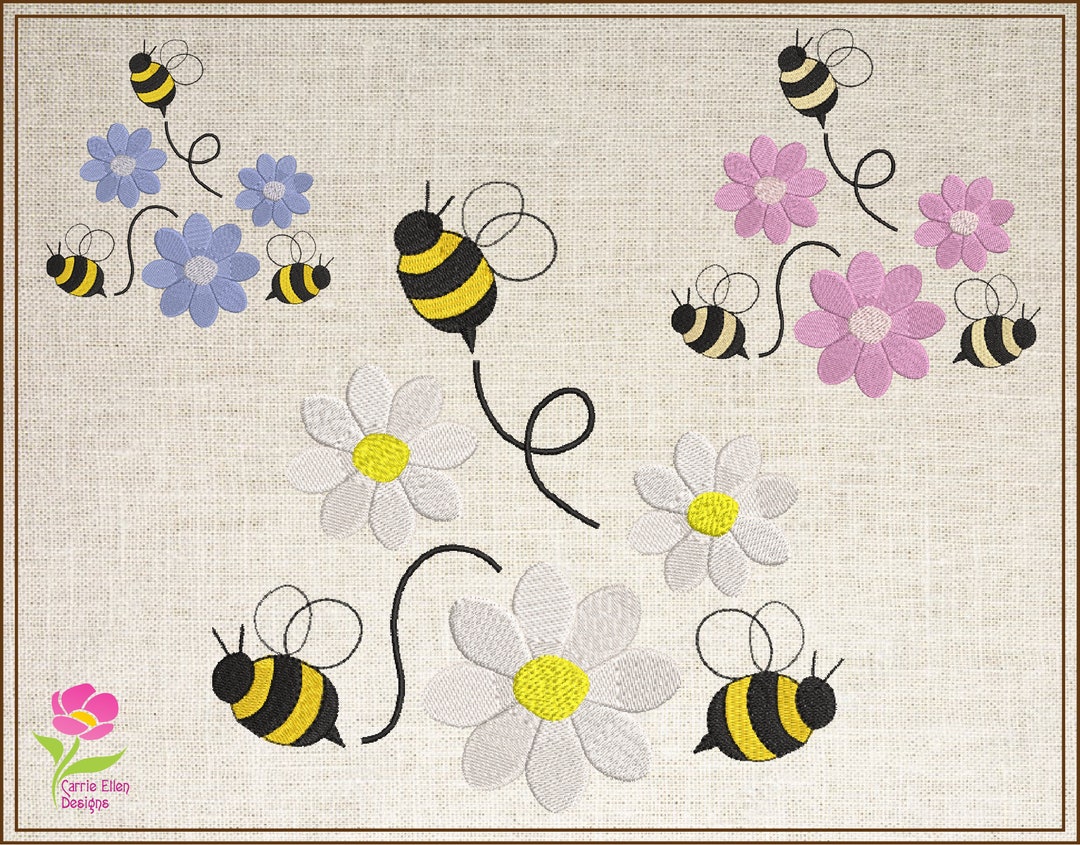 Bumble Bees and Daisies Machine Embroidery Design. Garden Flowers ...