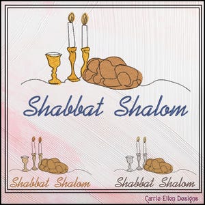 May include: An embroidered design featuring a Shabbat Shalom greeting with a challah bread, two wine glasses, and three candlesticks. The design is in shades of brown, gold, and white on a pink background.