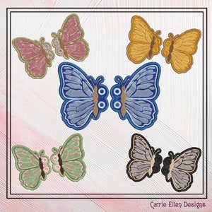 May include: Six embroidered butterfly patches in various colours, including pink, blue, yellow, green, and grey. The patches are all in a similar style, with a simple, elegant design.  Carrie Ellen Designs is printed at the bottom of the image.
