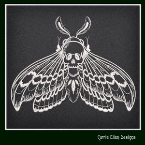 May include: White embroidered moth design on a black background. The moth features a skull-shaped head and detailed wing patterns. The design is intricate and appears to be stitched onto the fabric. The text "Carrie Ellen Designs" is in the bottom right corner.