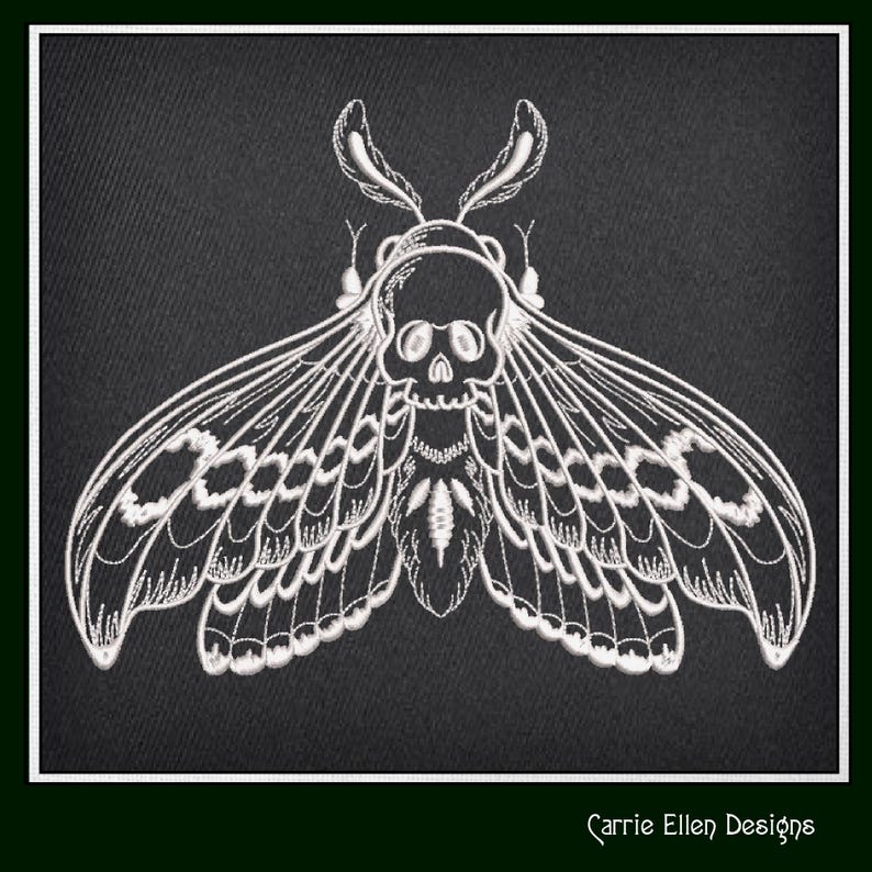 May include: White embroidered moth design on a black background. The moth features a skull-shaped head and detailed wing patterns. The design is intricate and appears to be stitched onto the fabric. The text "Carrie Ellen Designs" is in the bottom right corner.