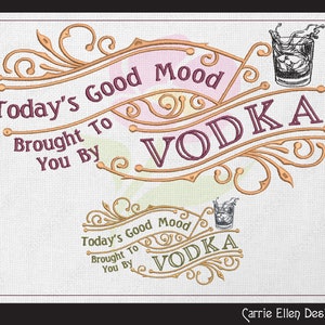 May include: Embroidered design with gold and purple lettering that reads "Today's Good Mood Brought To You By VODKA". The design features a stylised glass of vodka with ice and a splash of liquid.