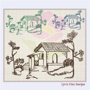 Garden Cottage Sketch Machine Embroidery Design, schizzo artistico, disegno di ricamo di paesaggio di arte lineare, 8 misure (0920)
