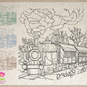 Train Scene Sketch Machine Embroidery Design, Vintage Train Embroidery Pattern, Sketch Railroad Design, 6 Sizes (0554)