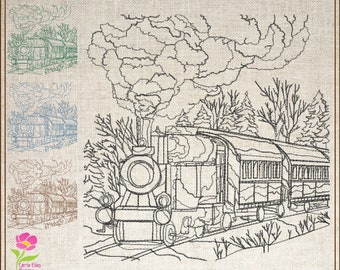 Diseño de bordado a máquina con escena de tren, patrón de bordado de tren vintage, diseño de ferrocarril, 6 tamaños (0554)