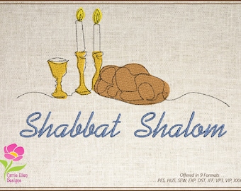 Jewish Shabbat Shalom Machine Embroidery Design, Judaica Embroidery, Challah Bread, Candles, Wine Glass. 10 Sizes (0640)