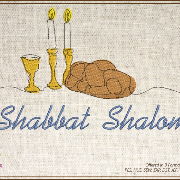 Jewish Shabbat Shalom Machine Embroidery Design, Judaica Embroidery, Challah Bread, Candles, Wine Glass. 10 Sizes (0640)