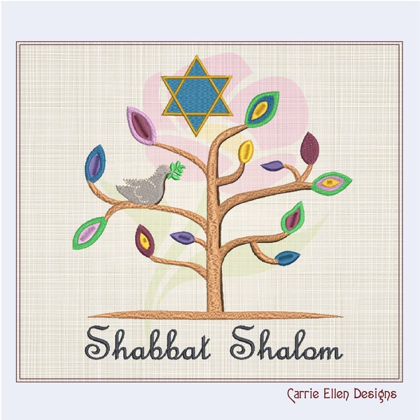 Shabbat Shalom Tree Machine Embroidery Design, Tree of Life with Dove, Star of David, Jewish Holidays, 8 Sizes (0917)